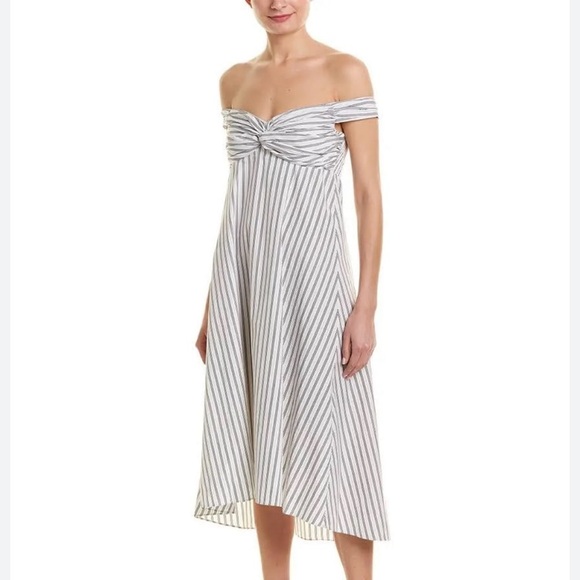 A.L.C. Arsenio Off-Shoulder Striped Cotton Midi Dress in White and Gray Poplin - Picture 4 of 8